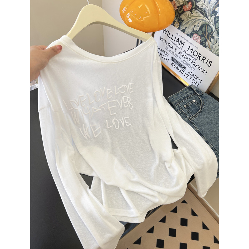 Letter Print Off-Shoulder White Sun Protection T-Shirt Cover-Up for Women, Summer Casual Loose Semi-Sheer Long-Sleeve Top, Thin Letter Print Off-Shoulder White Sun Protection T-Shirt Cover-Up for Women, Summer Casual Loose Semi-Sheer Long-Sleeve Top, Thin