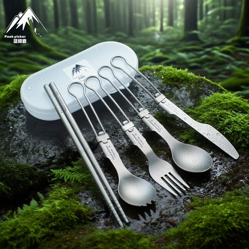 Outdoor Pure Titanium Folding Spoon, Fork, and Chopsticks Set, Portable Titanium Tableware for Camping, Titanium Metal Spoon, Fork, and Chopsticks Combination