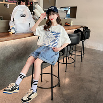 Girls summer clothing suit 2022 new children pure cotton clothes foreign air CUHK Clothing Denim Shorts Two Sets Tide