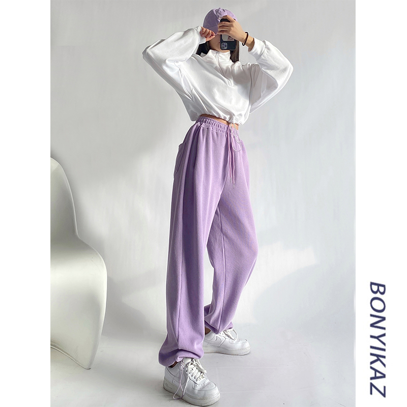 European and American Style Dance Sweatpants for Women, Spring and Autumn Thin Purple High-Waisted Loose Drawstring Jogger Pants, Casual Straight-Leg Sweatpants, Trendy