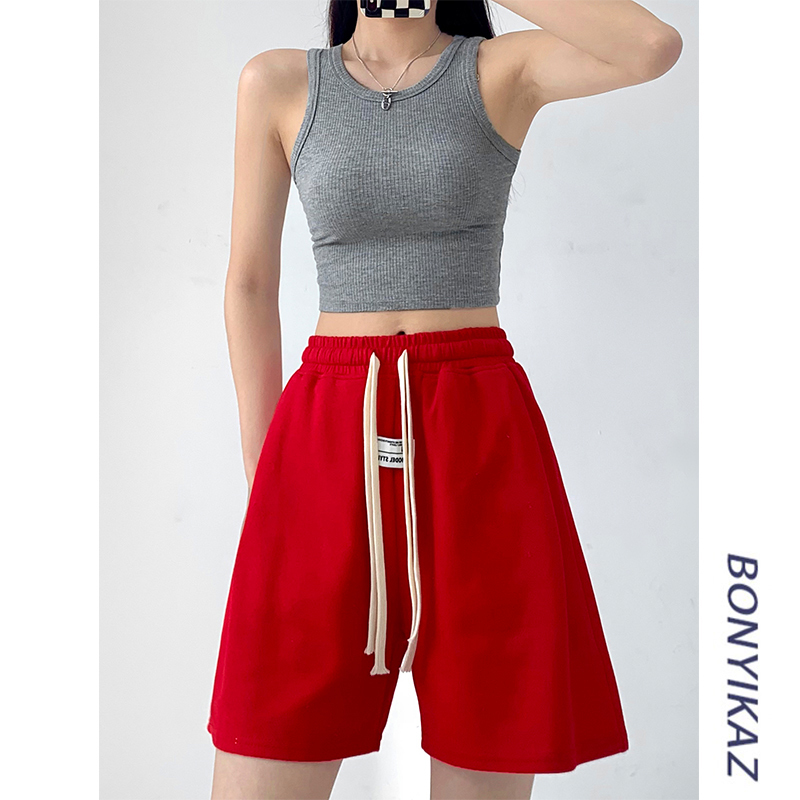 European and American Style Hot Girl Red Sports Shorts for Women, Autumn Loose High-Waisted Elastic Straight Mid-Length Pants, Casual Wide-Leg Five-Point Pants, Trendy