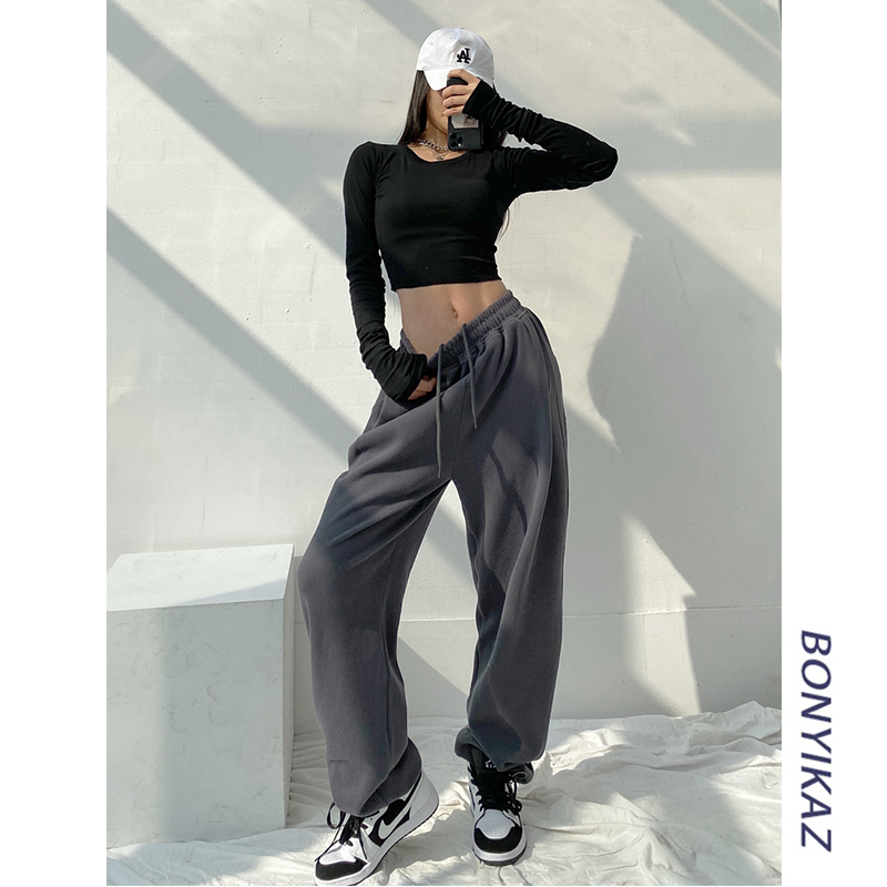Gray Women's Drawstring Loose Jogger Pants, European and American Style, Spring and Autumn Thin Versatile High-Waisted Straight-Leg Sweatpants ins Trendy