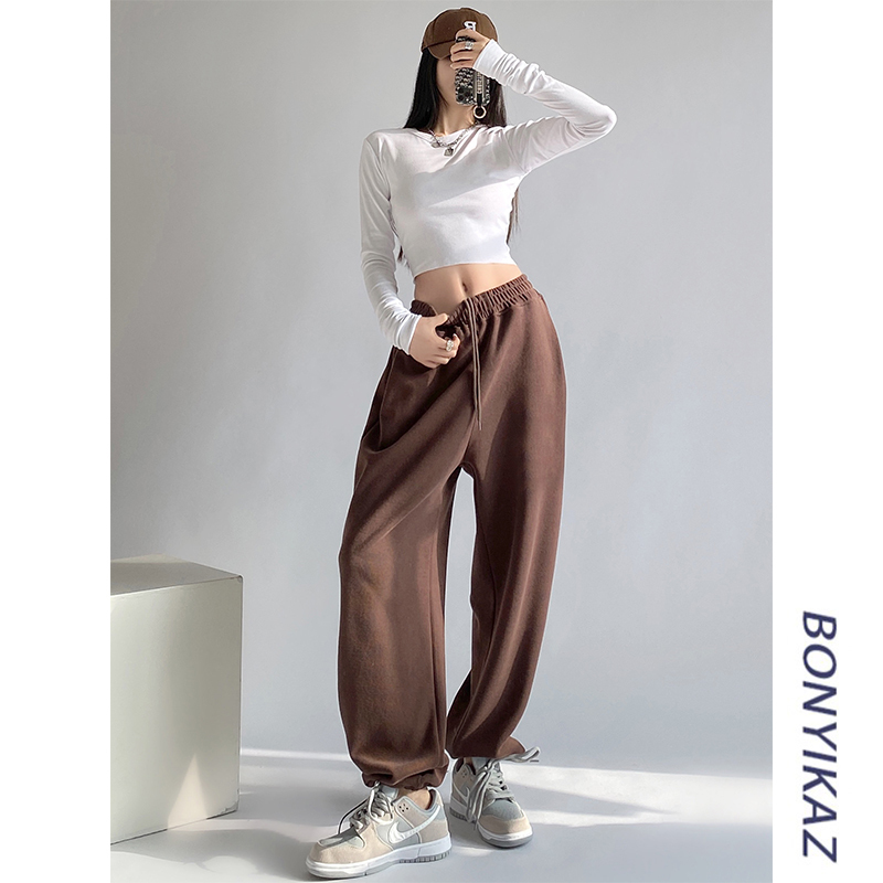Trendy European and American Style Loose-Fitting Jogger Pants for Women, New Spring and Autumn Slim-Fit Elastic Waist Cuffed Pants, Coffee Color Street Dance Sweatpants