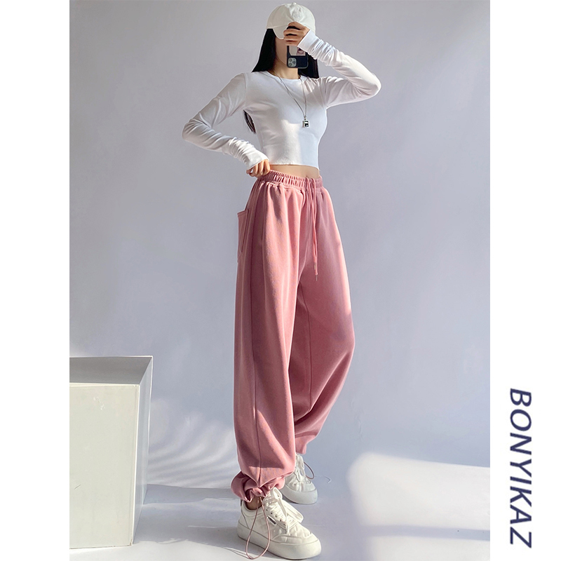 New European and American Style Pink Sweatpants for Women, Spring and Autumn, Loose Fit, Slimming Joggers, Trendy Versatile Street Dance Pants ins