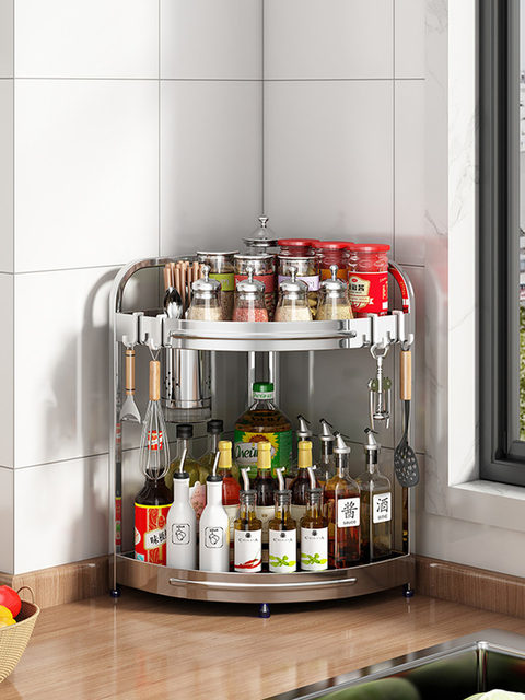 Stainless steel kitchen corner storage rack oil, salt, sauce, vinegar tripod, seasoning supplies, wall corner storage knife holder