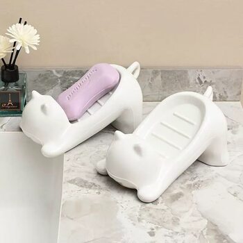 Cartoon Cat Imitation Ceramic Plastic Soap Dish Creative Cute Bathroom Soap Holder Storage Rack Sink Drain Rack
