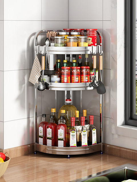 Stainless steel kitchen corner storage rack oil, salt, sauce, vinegar tripod, seasoning supplies, wall corner storage knife holder