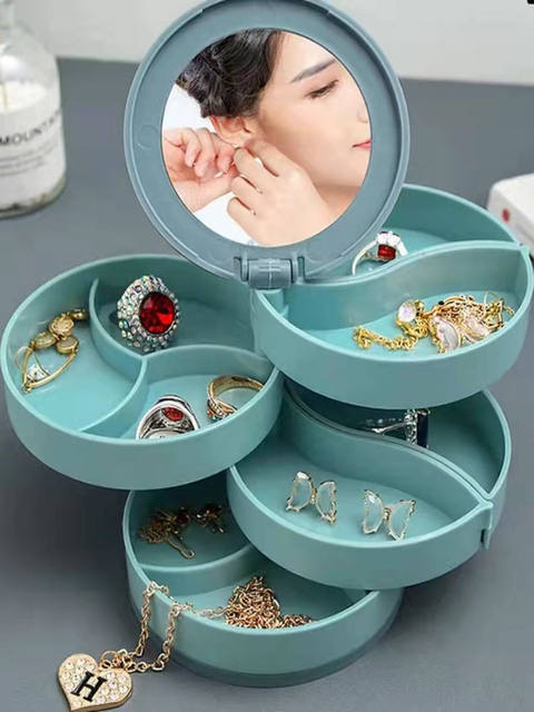 Rotating earrings jewelry box multi-layer earring storage box small exquisite earrings necklace jewelry rack with mirror dustproof box