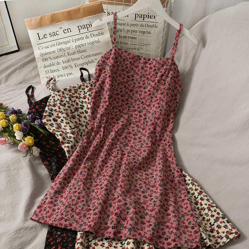 2022 Summer Retro Print Short Backless Dress Women's New High Waist Slim Floral Versatile Suspender Skirt