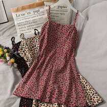 2022 Summer Retro Print Short Dew Dress Female New High Waist Slim Flower Link Slipper Dress