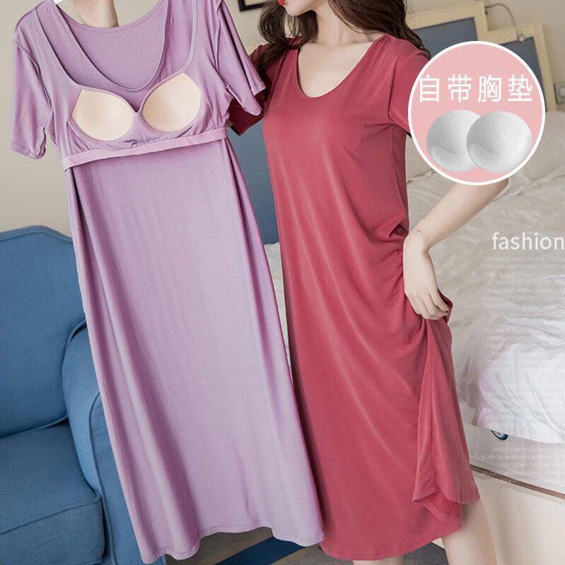 Summer maternity pajamas with chest pad nightdress short-sleeved thin section large size can be worn outside one mid-length over-the-knee dress
