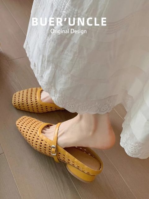 Genuine Leather Retro Woven Hollow Toe Sandals for Women, Summer Outdoor Wear, Single Strap Mary Jane Chunky Heel Mules
