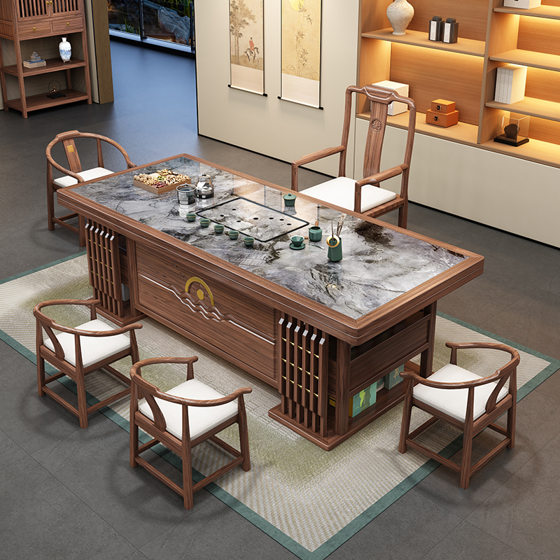 Solid Wood Slate Tea Table and Chair Set, New Chinese Style Office Coffee Table Set, Home Use One Table and Five Chairs, Kung Fu Tea Brewing Table