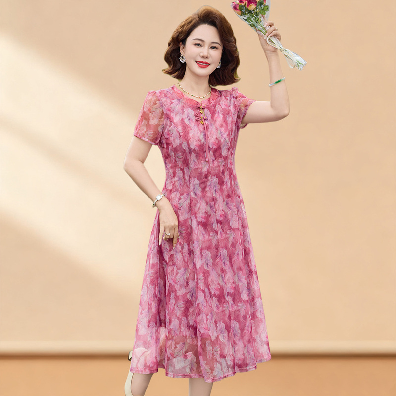 Mom's Summer Short-Sleeved Dress, Fashionable Printed Double-Layered Mid-Length Skirt, Elegant Skirt for Middle-Aged and Elderly Women, Mesh Skirt