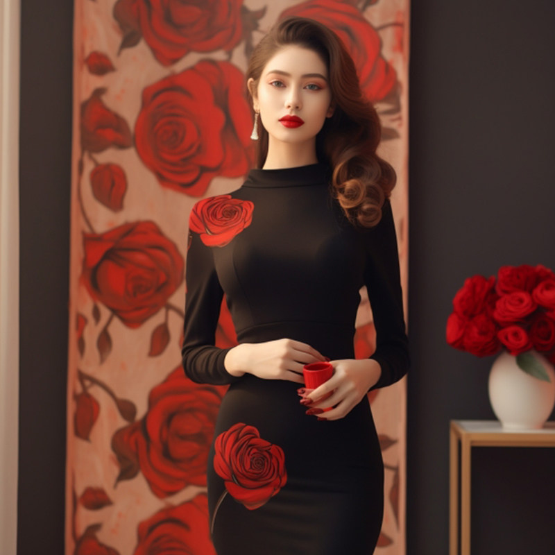 Spring women's style High sense ultra good looking inside lap long dress Gas Field powerful black knit rose printed one-piece dress-Taobao
