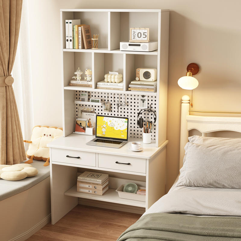 Solid Wood Desk Bookshelf Integrated Small Apartment Home Desktop Computer Table Hole Board Student Bedroom Learning Writing Desk