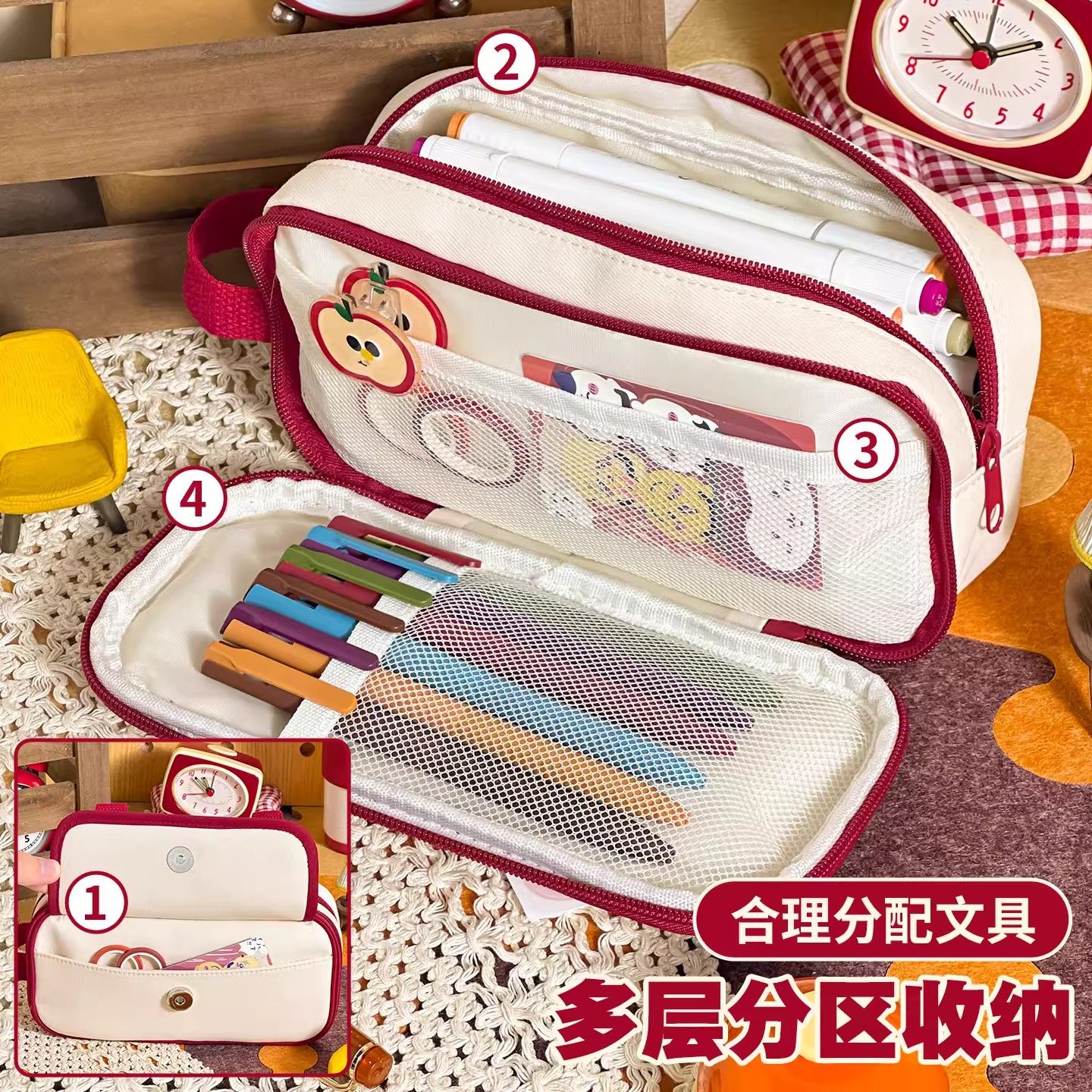 Retro Contrasting Color Webbing Pencil Case, Large Capacity, Satchel Pencil Case for Girls, High-Looking, Ins Simple and Niche Pencil Case