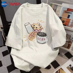 Nasa Co-Branded Creative Milk Bread Pure Cotton American High Street Crew Neck Heavyweight Short-Sleeve Summer Tops for Men and Women Couples