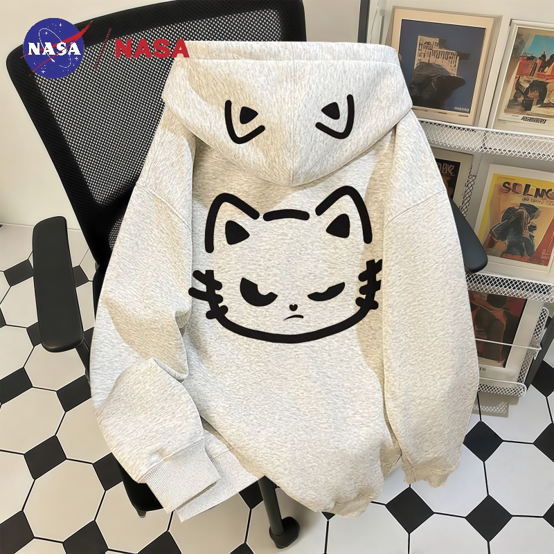 NASA联名银狐绒凶狠猫咪印花连帽卫衣秋冬季宽松百搭休闲学生上衣