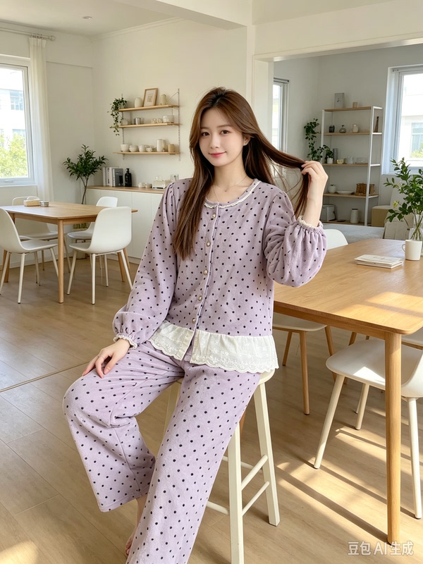 Women's Autumn and Winter Thickened Warm Long-Sleeved Home Wear Pajamas Set Cashmere