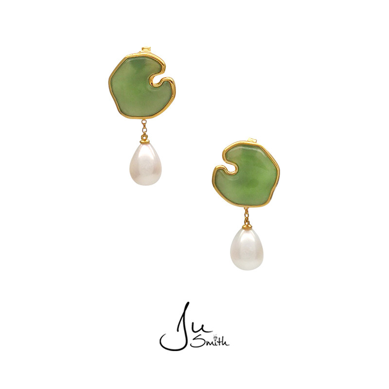 JuSmith original design niche retro Guochao lotus series silver gold-plated jasper pearl earrings for women
