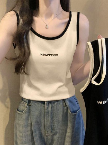 气质撞色设计胖mm吊带背心遮副乳内搭甜美无袖上衣ins风潮流印花