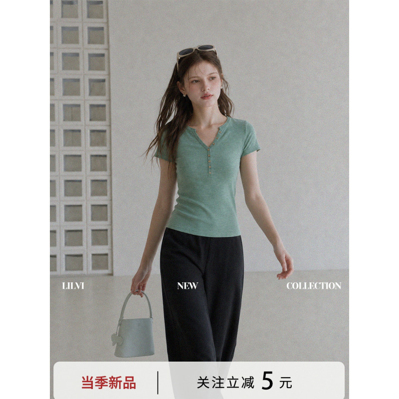 Lilvi Green Henley Collar Short-Sleeve T-Shirt for Women, Summer V-Neck Slim-Fit Design, Unique Top