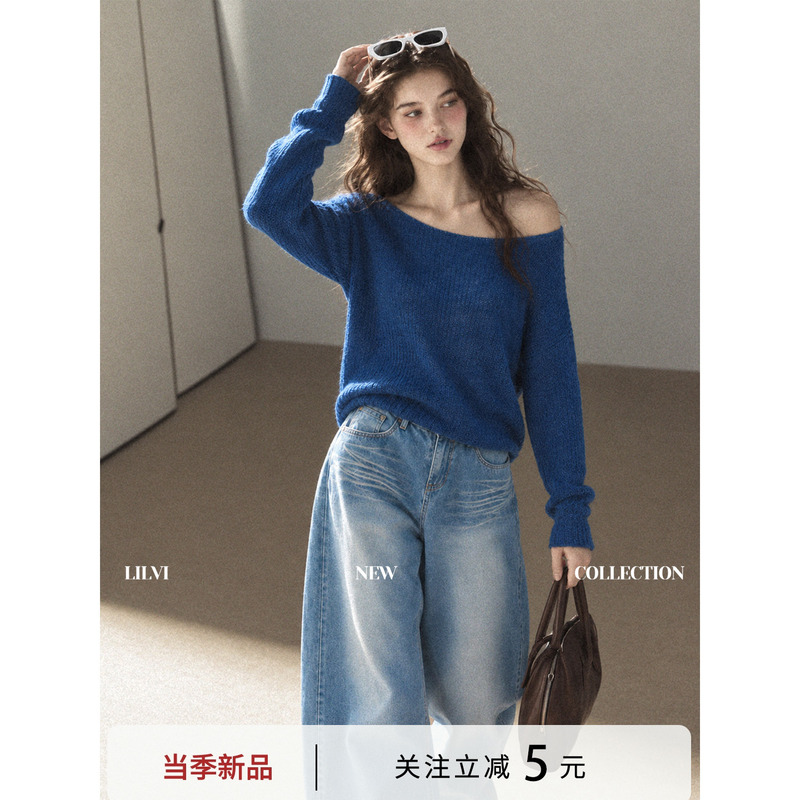 Lilvi Blue Mohair Off-Shoulder Sweater for Women, Slightly See-Through, Loose Knit Top, Autumn Long-Sleeve Base Layer Shirt