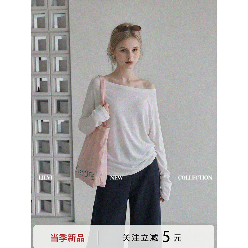 Lilvi White Off-Shoulder Long-Sleeve T-Shirt for Women, 2026 Autumn, One-Shoulder, Exposed Collarbone, Loose and Casual Top