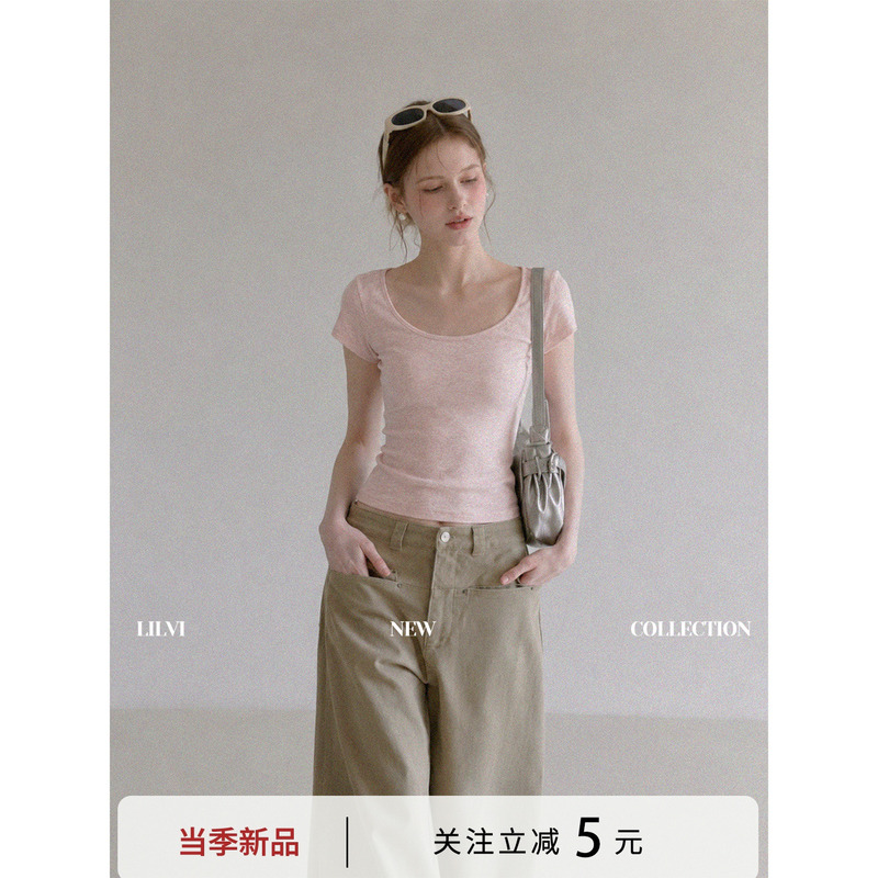 Lilvi Lyocell Pink Large Neckline Exposed Collarbone Straight Shoulder Short-Sleeved T-Shirt for Women Summer Slim Fit Versatile Top