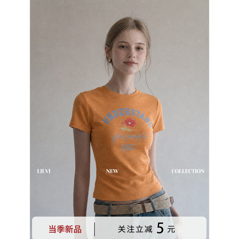 Lilvi Dopamine Orange Printed Short-Sleeve T-Shirt for Women, 2026 Summer New Slim-Fit Round Neck Top