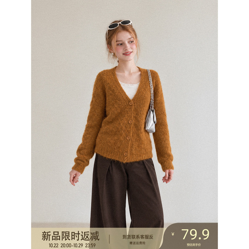 Lilvi Orange Knitted Cardigan Sweater Jacket for Women 2026 Autumn and Winter Lazy Loose-Fitting Base Layer Long-Sleeved Top
