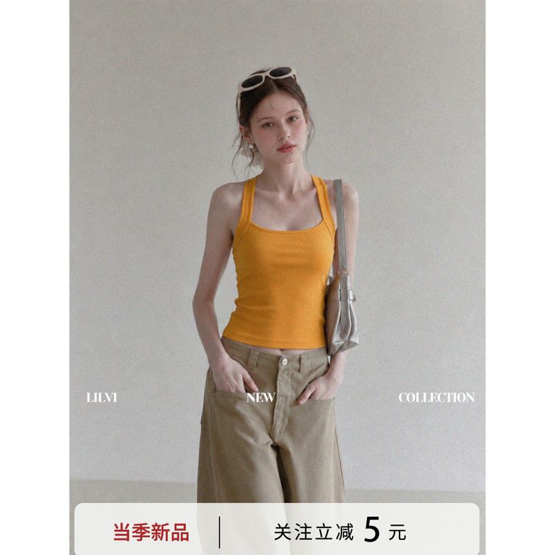 Lilvi Square-Neck Simple Orange Halter Top for Women, Summer Sleeveless Camisole, Slim Fit Versatile Sleeveless Top Lilvi Square-Neck Simple Orange Halter Top for Women, Summer Sleeveless Camisole, Slim Fit Versatile Sleeveless Top