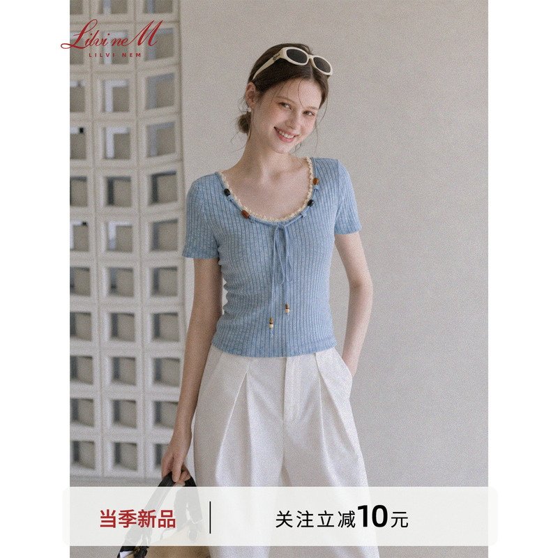 Lilvi French-Style Blue Lace-Trimmed Short-Sleeve T-Shirt for Women, Summer Design with Tie, Slim-Fit Top