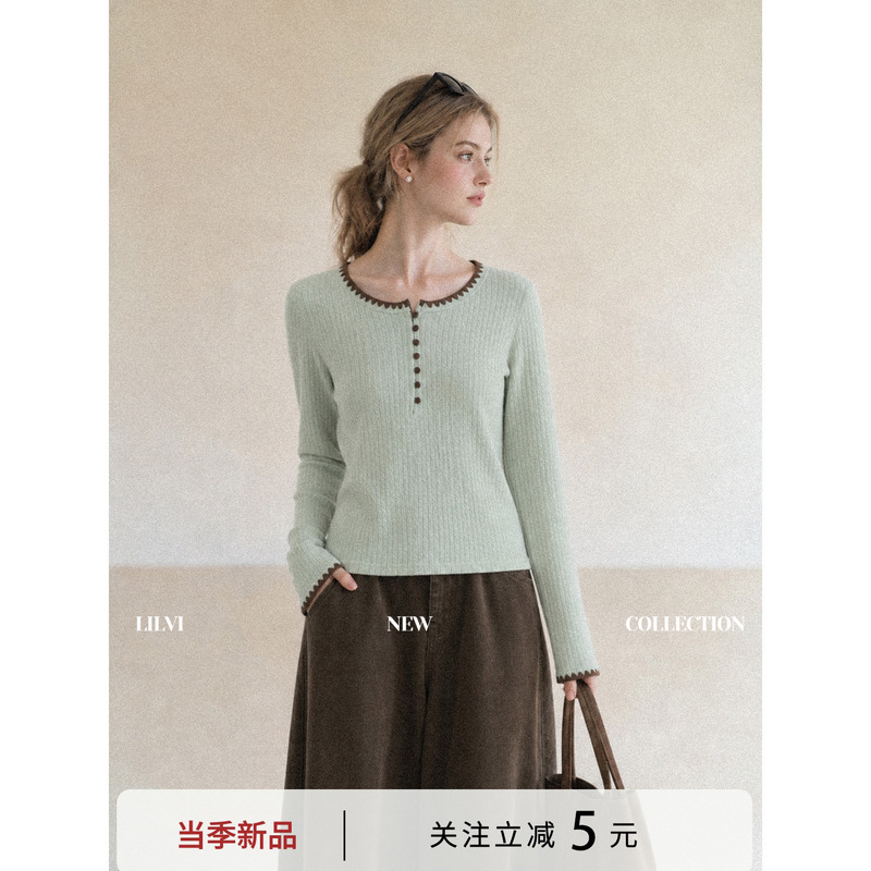 Lilvi Gentle Style Green Long-Sleeved Knitted Women's Autumn and Winter Retro Round Neck Single Wear Inner Layering Shirt Top 2026