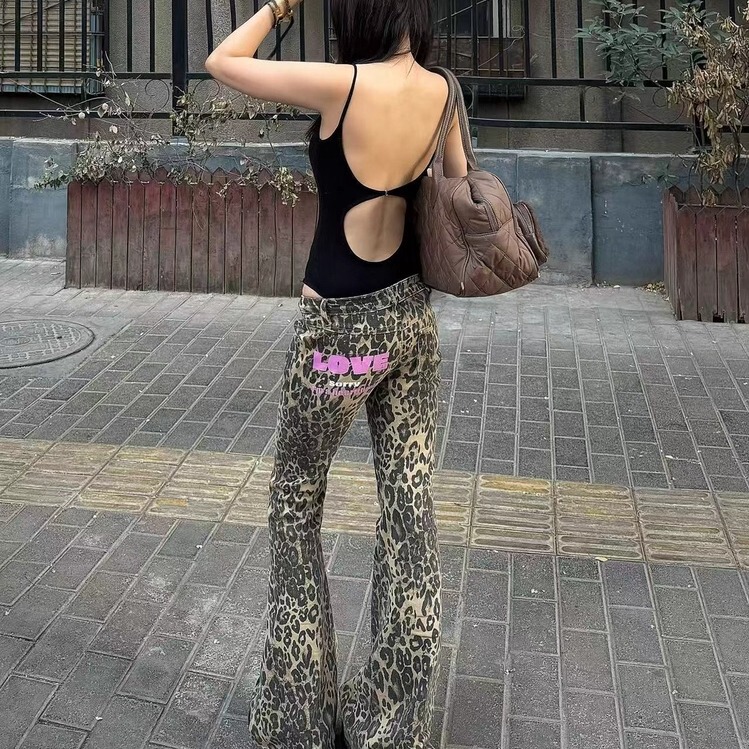 【Puppylove】Original Printed Low-Waist Flared Leopard Print Pants