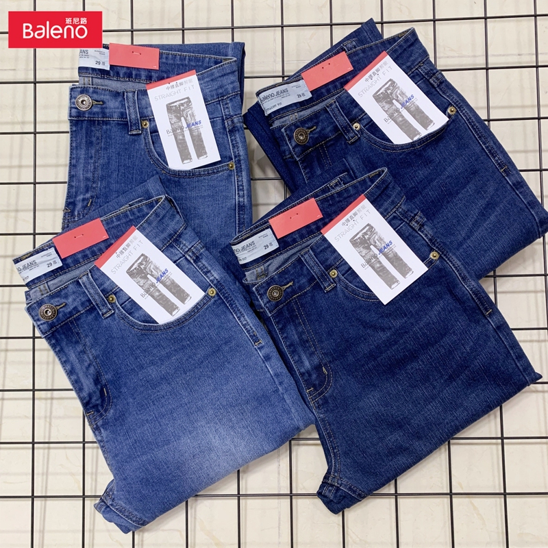 Authentic Baleno Men's Jeans, Pure Cotton, Mid-Waist, Loose Straight Fit, Slightly Stretchy, Casual Classic Style, Comfortable and Versatile, Trendy