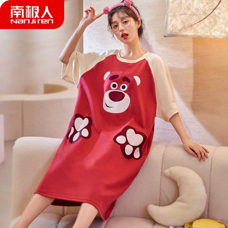 Sleeping Dress Lady Short Sleeves Pure Cotton Summer Strawberry Bear Large Yard Sleeping Clothes Spring Autumn 2022 New Summer Autumn Winter Easing-Taobao