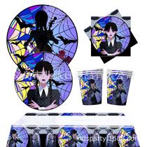 Amazon Best Selling Comic Wednesday Party Supplies Paper Plates Paper Cups Tissue Tablecloths Return Gift Bags Pennants Straws
