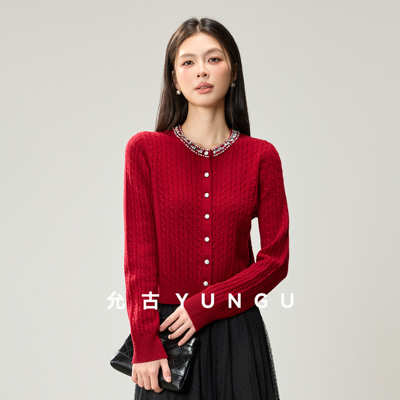 Yungu【New Year Atmosphere】High-End Heavy-Duty Rhinestone Sheep Wool Knitted Cardigan Twist Sweater for Women
