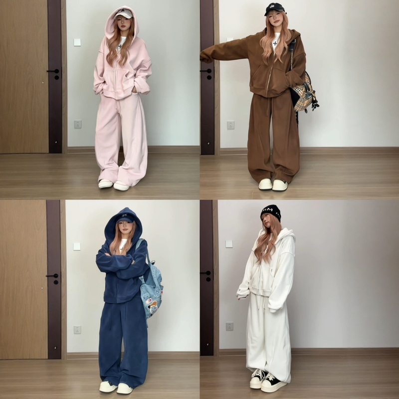 Casual Sportswear Set for Women, Autumn and Winter, Fleece-Lined, Thickened, Loose-Fitting, Slimming, Fashionable Sweatshirt, Casual Two-Piece Set for Running