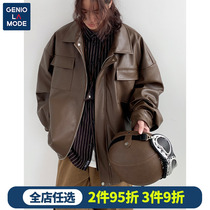 GENIOLAMODE leather jacket mens Hong Kong style retro multi-pocket new motorcycle style casual early spring jacket