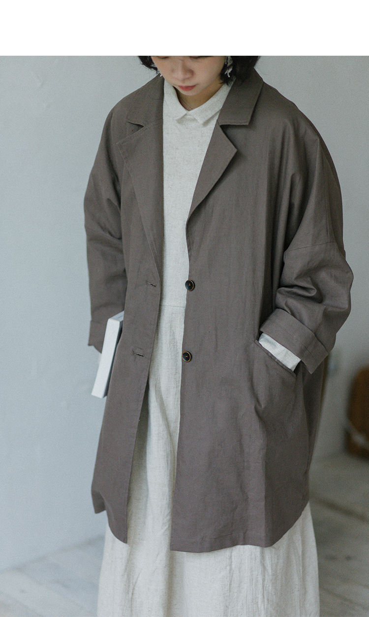Fernfield | Autumn Brown and Grey Lapel Trench Coat - เสื้อสูท/เสื้อคลุมยาว - ผ้าฝ้าย/ผ้าลินิน 
