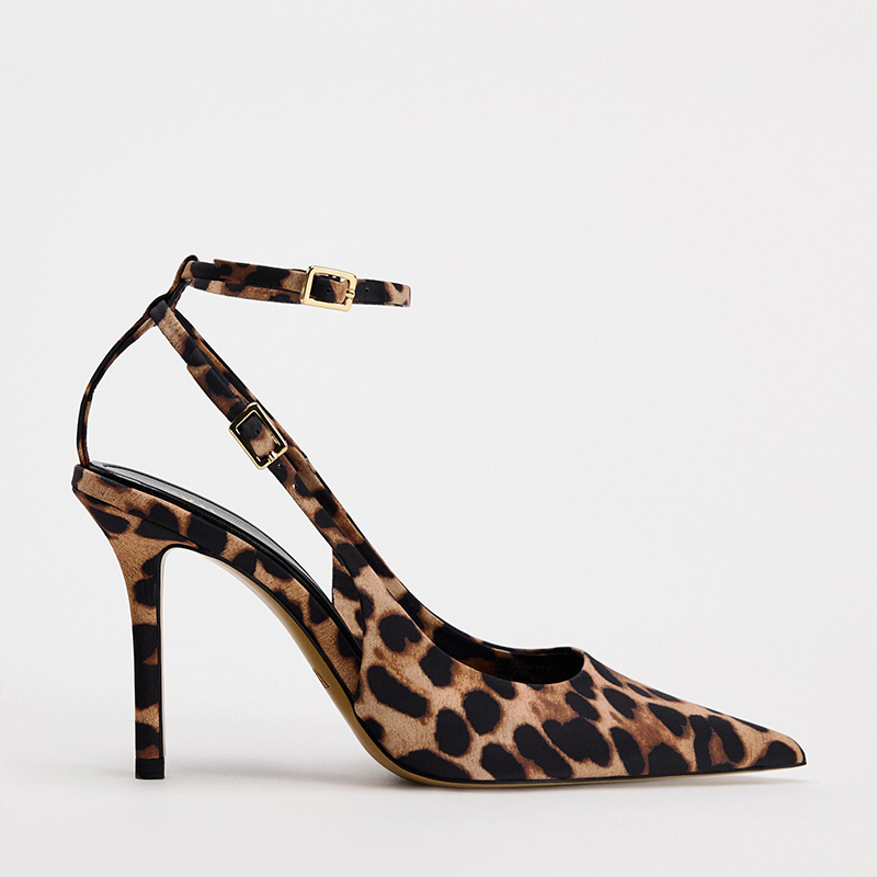 Za Women's Shoes 2026 Spring New Leopard Print Buckle High Heel Mules Stiletto Pointed Toe Shallow Sandals for Women