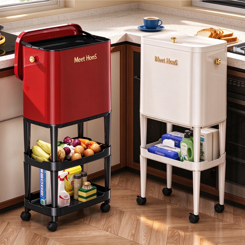 Kitchen Trash Can, Large Capacity, Tall Design, No Need to Bend Over, with Lid, Movable, Tall Style, Japanese Style, High Aesthetic Value, Storage Rack