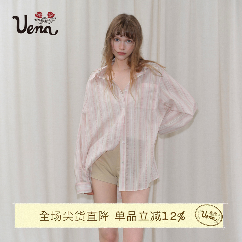 [Sunset Orange Sea] Uena American Retro Pink Stripesd Casual Loose Shoulder-Length Long-Sleeved Lapel Shirt for Women