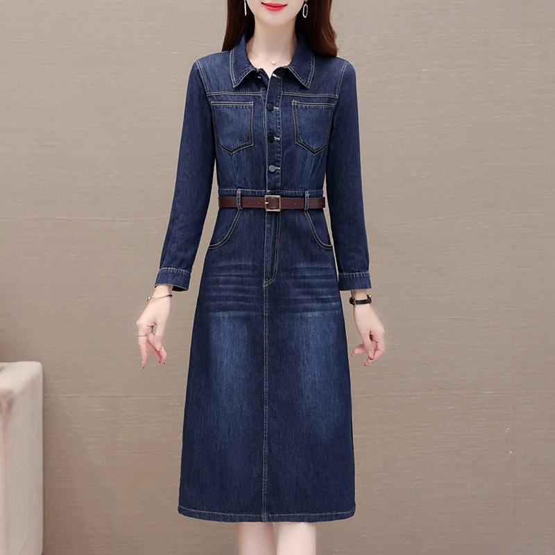 Guangzhou Thirteen Rows Women's Fashion Hot-Selling Denim Dress 2026 Early Spring and Autumn New Mid-Length Long-Sleeve Age-Reducing Dress