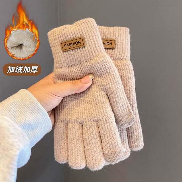 Gloves for women, winter warm plus velvet and thickened cycling knitted non-slip touch screen anti-cold cycling gloves and sports socks