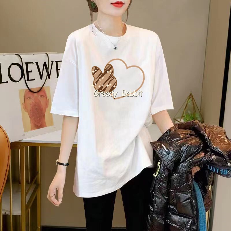 European Style Oversized White T-Shirt for Women, Short-Sleeved, Pure Cotton, Paired with Shark Pants, Mid-Length Top That Covers the Hips