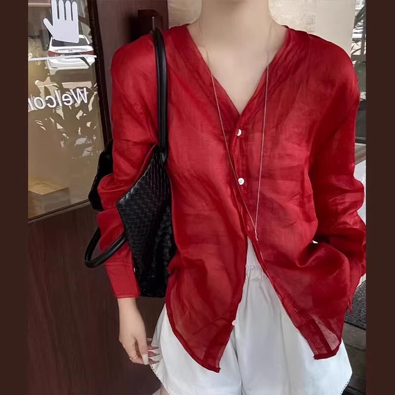 Highly Recommended! Red V-Neck Linen Sun-Protective Shirt for Women, Summer Thin Loose Fit Slimming Top, Trendy Highly Recommended! Red V-Neck Linen Sun-Protective Shirt for Women, Summer Thin Loose Fit Slimming Top, Trendy